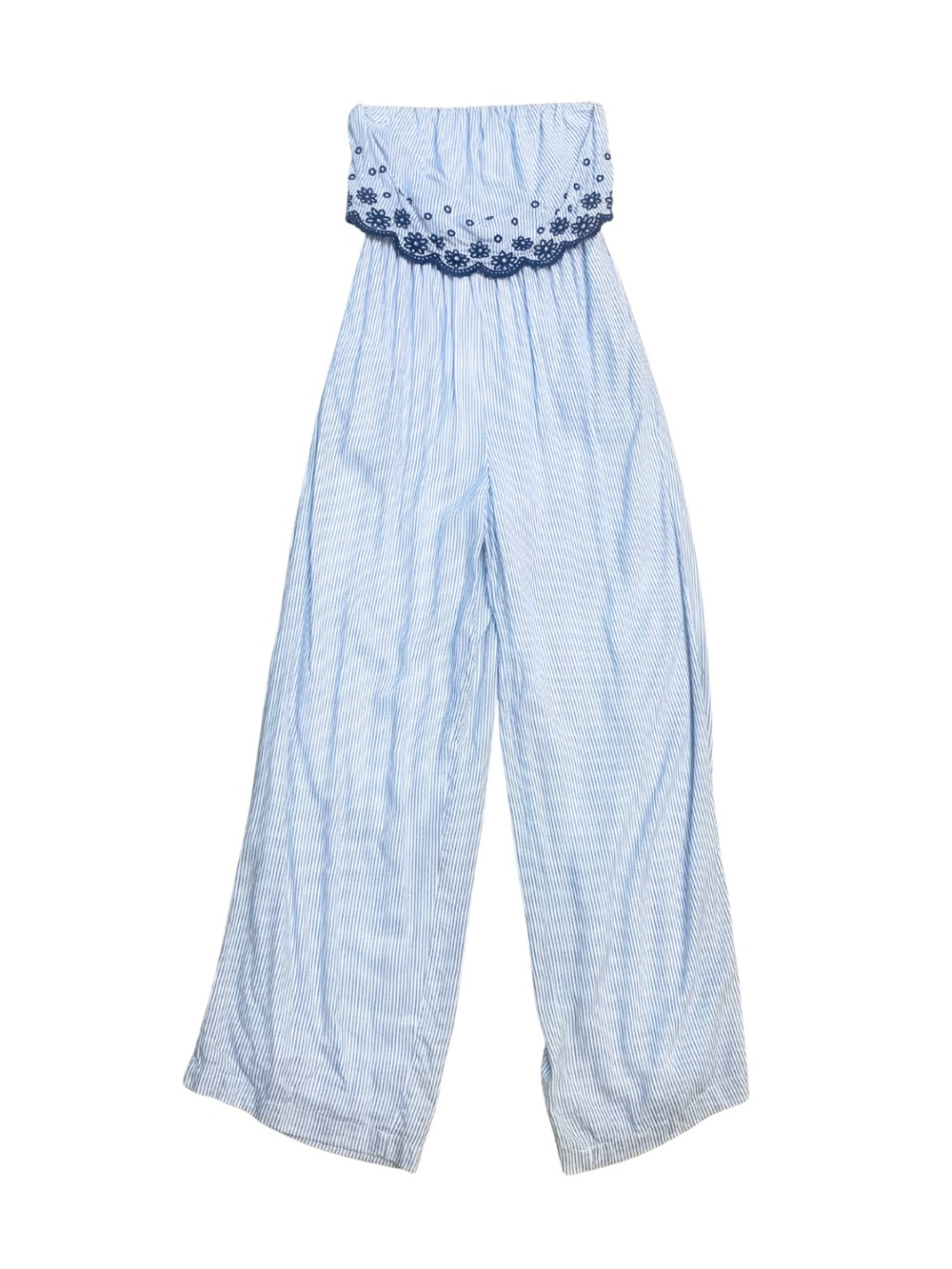 Blue White Strapless Wide Leg Jumpsuit Striped Floral Coastal Nautical Summer